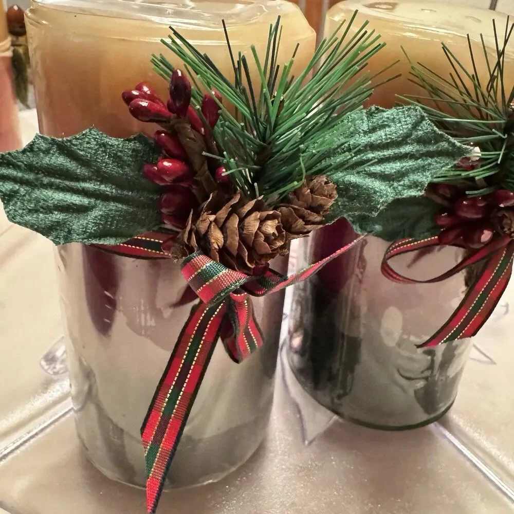 Pair Pier 1 Apple Crisp Holiday Pillar Candles 3x6 Christmas NOS Pinecone Picks